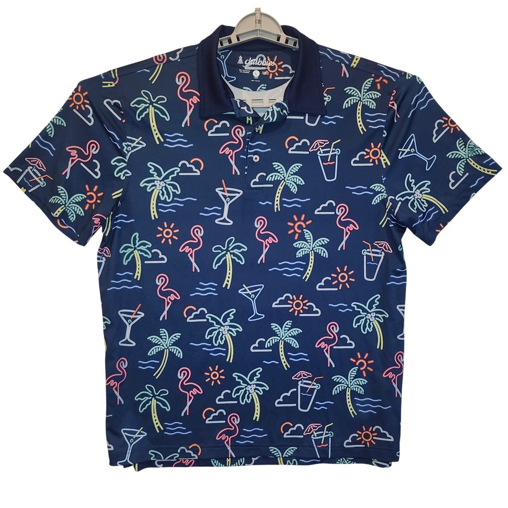 Chubbies Mens Neon Flamingo Palm Tree Golf Polo Shirt Navy Blue Large
